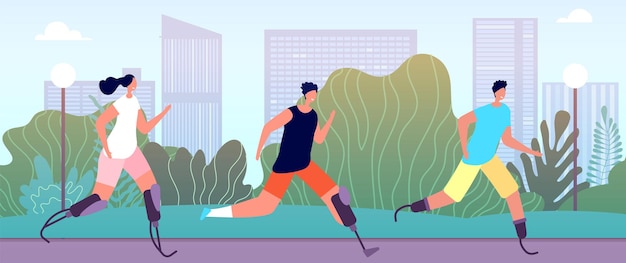 Corredores discapacitados. Estilo de vida adaptado, fitness al aire libre para atletas discapacitados. Ilustración de vector de entrenamiento de competencia deportiva de personas con necesidades especiales. Corredor de discapacidad deportiva, competencia de prótesis de atleta