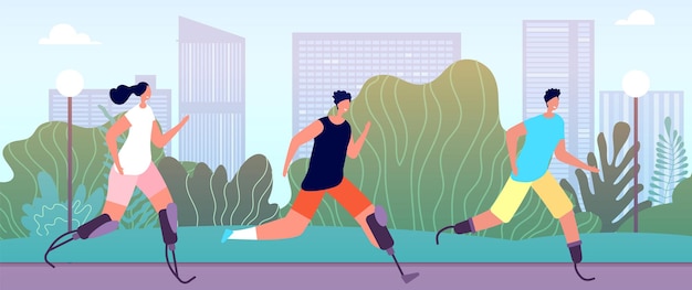 Corredores discapacitados. estilo de vida adaptado, fitness al aire libre para atletas discapacitados. ilustración de vector de entrenamiento de competencia deportiva de personas con necesidades especiales. corredor de discapacidad deportiva, competencia de prótesis de atleta