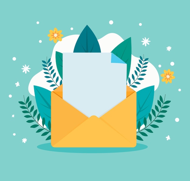 correo abierto con una carta en blanco dentro de una ilustración plana