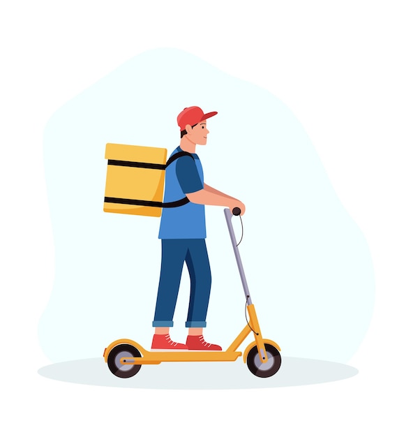 Correo con una bolsa para entregar comida en un scooter eléctrico Ilustración vectorial