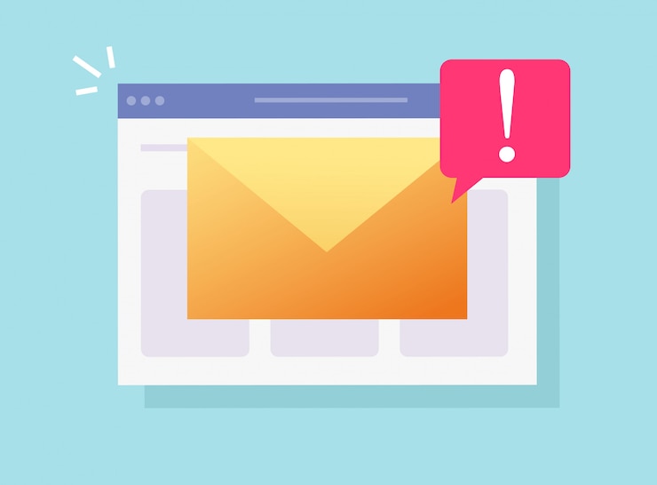 Vector correo electrónico malicioso spam en línea notificación importante en la página del sitio web o en la web de piratería informática alerta de riesgo icono de dibujos animados plana