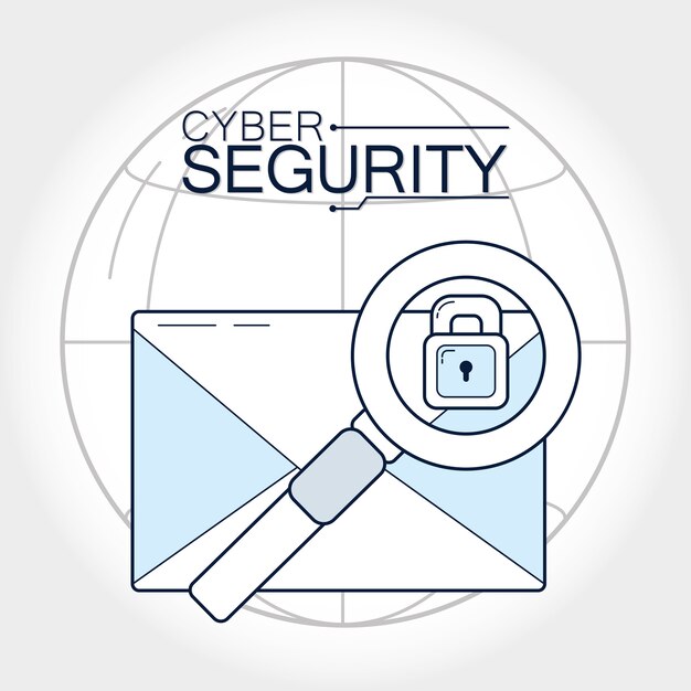 Correo electrónico de seguridad cibernética con candado y lupa