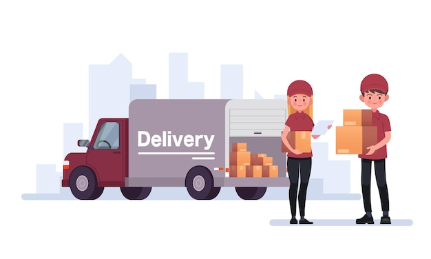 Correo de entrega que transporta paquetes con la ilustración del camión de entrega