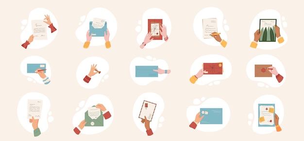 El correo de mano y la carta conjunto de dibujos animados ilustración manos planas escribir o enviar sobre de papel de moda