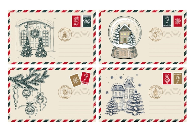 Correo de Navidad, postal, ilustración dibujada a mano.
