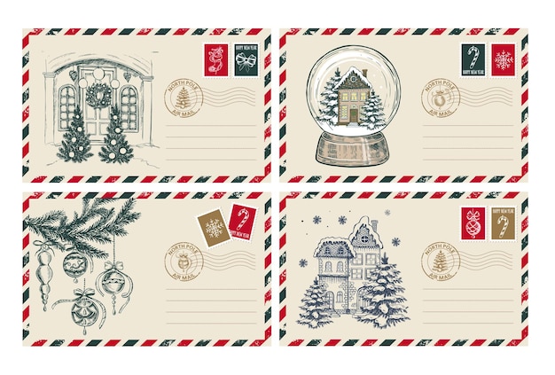 Correo de navidad, postal, ilustración dibujada a mano.