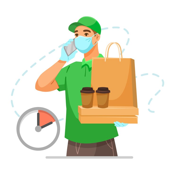 Vector correo en uniforme verde con pedido de comida y hablando por teléfono durante la entrega ilustración vectorial