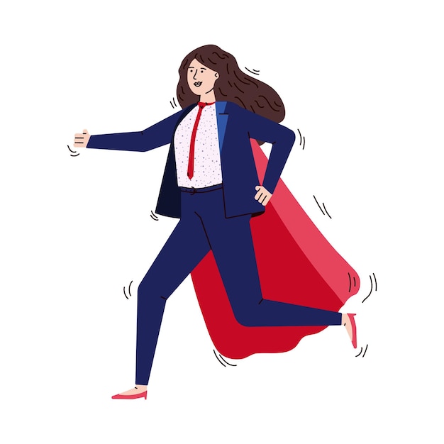 Correr y apresurarse personaje de dibujos animados de mujer de negocios con capa roja de superhéroe y traje de oficina