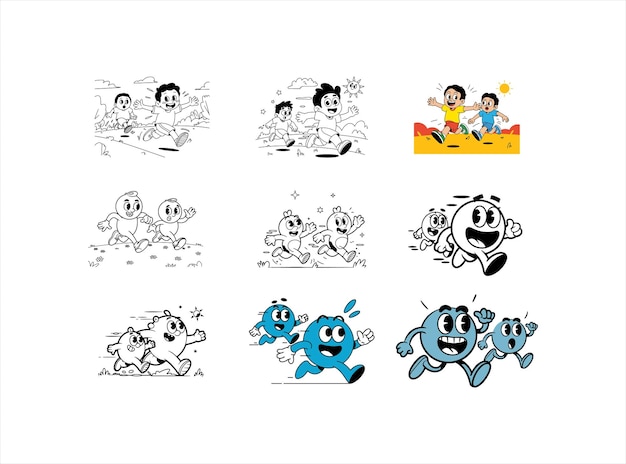 Correr personajes de dibujos animados gráficos vectoriales ilustraciones de persecución lúdica