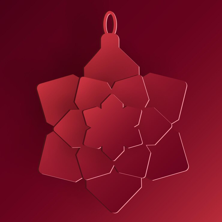 Vector corta de papel de navidad rojo vectorial colgante de copos de nieve 3d en fondo de color bordeaux diseño de navidad