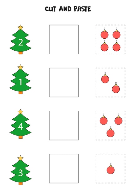 Corta y pega bolas de navidad según los números de los árboles de navidad. juego de matemáticas para niños.
