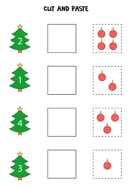 Corta y pega bolas de Navidad según los números de los árboles de Navidad. Juego de matemáticas para niños.