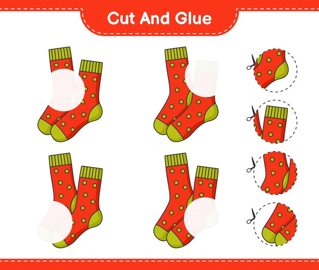 Corta y pega, corta partes de calcetines y pégalas. Juego educativo para niños, hoja de trabajo imprimible, ilustración vectorial