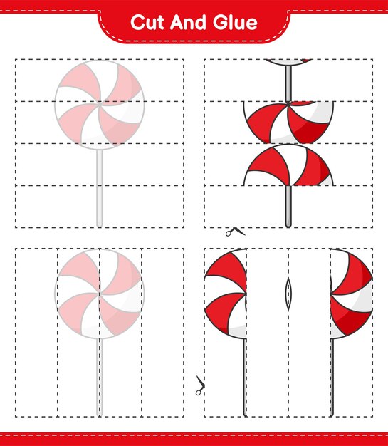 Corta y pega, corta partes de candy y pégalas. juego educativo para niños, hoja de trabajo imprimible, ilustración vectorial