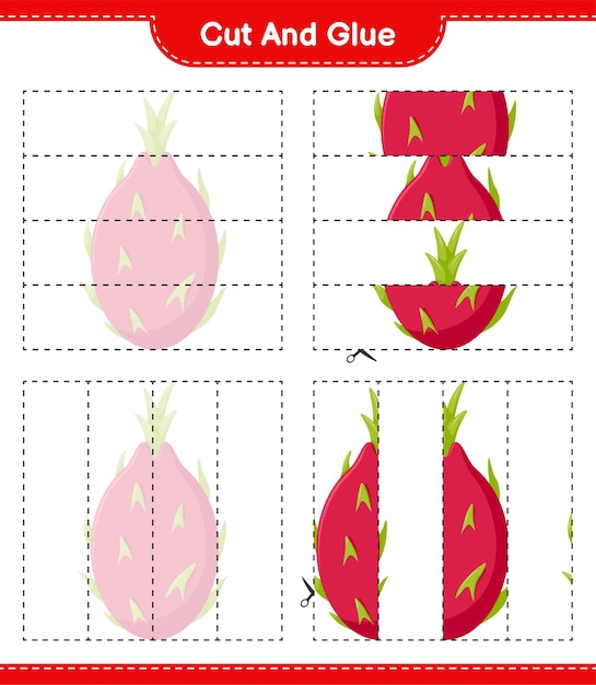 Corta y pega, corta partes de dragon fruit y pégalas. juego educativo para niños, hoja de trabajo imprimible