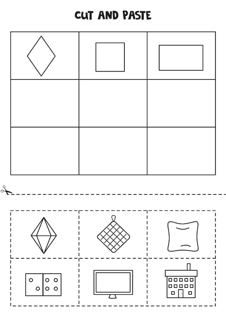 Corta y pega formas geométricas. hoja de trabajo en blanco y negro.