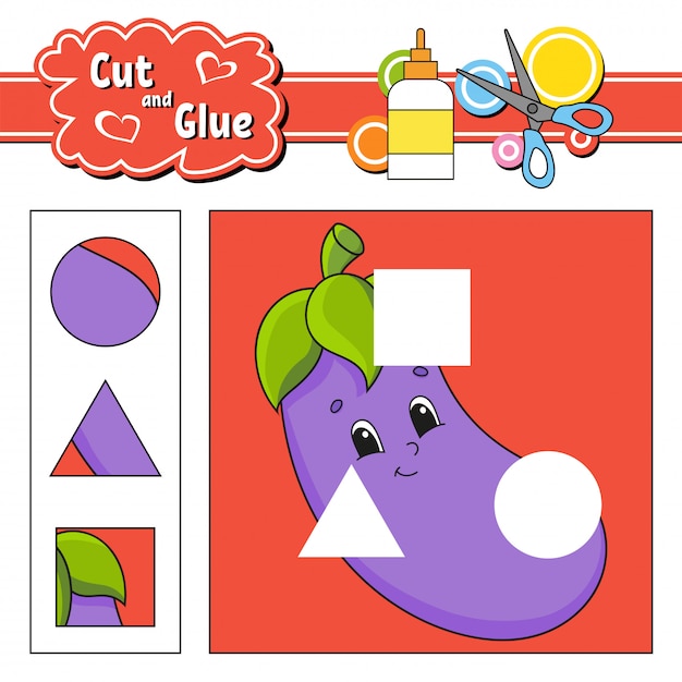 Corta y pega. Juego para niños. Hoja de trabajo de desarrollo educativo. Personaje de dibujos animados de berenjenas.