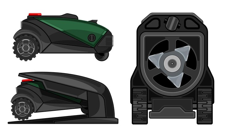 Vector cortacésped robótico dibujos animados realistas aislado fondo blanco