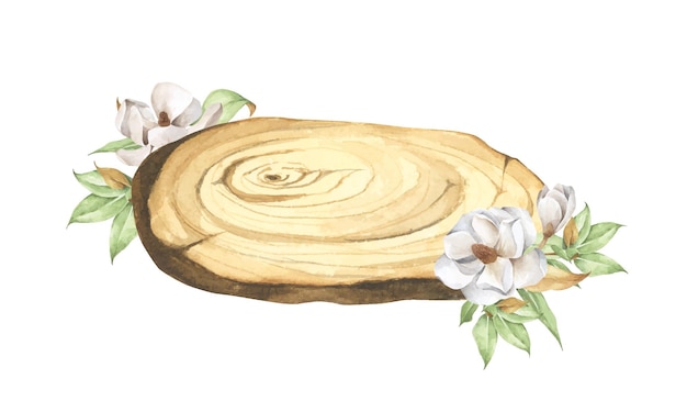 Cortada de madera con decoración floral ilustración en acuarela