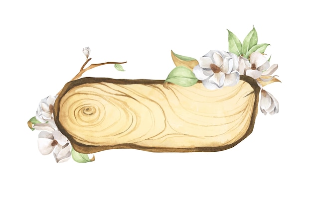 Cortada de madera con decoración floral ilustración en acuarela