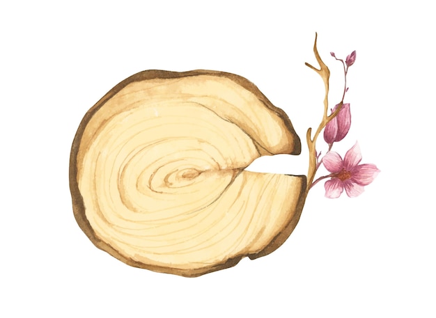 Cortada de madera con decoración floral Ilustración en acuarela