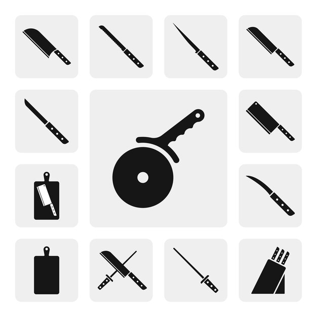 Cortador de pizza icono de web plana. Signo de cuchillo de pizza silueta vector de icono negro sólido. Conjunto de iconos de cocina