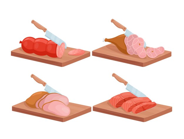 Cortar carne y pescado Dibujos animados 3d chef cuchillo cortar tocino jamón salchicha