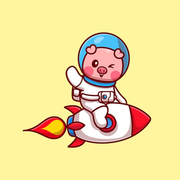 Cortar cerdo astronauta montando cohete y agitando la mano de dibujos animados vector icono ilustración. concepto de icono de tecnología animal aislado vector premium. estilo de dibujos animados plana