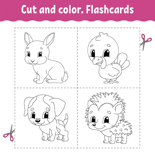 Cortar y colorear. Conjunto de tarjetas de memoria flash. Libro de colorear para niños. Personaje animado.