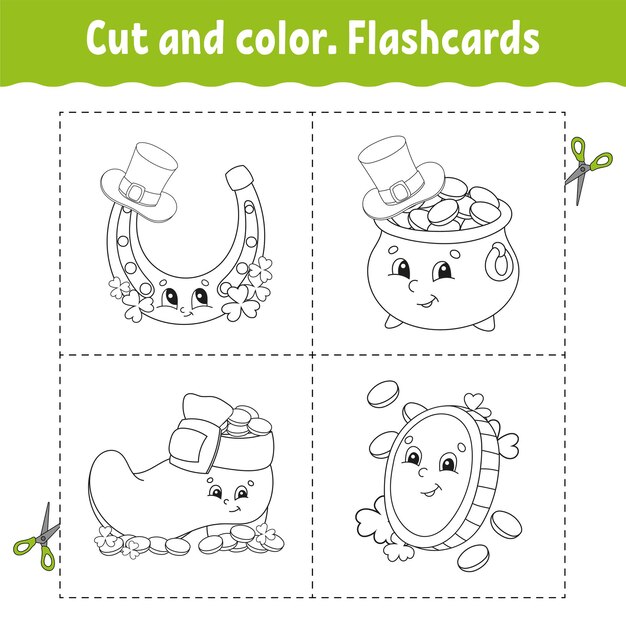 Cortar y colorear. Conjunto de tarjetas de memoria flash. Libro de colorear para niños.