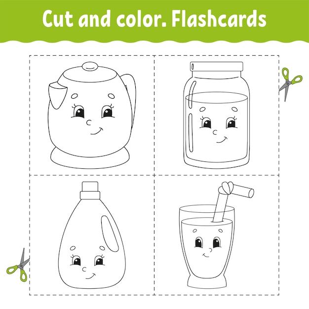 Cortar y colorear flashcard set libro para colorear para niños lindo personaje de dibujos animados silueta de contorno negro