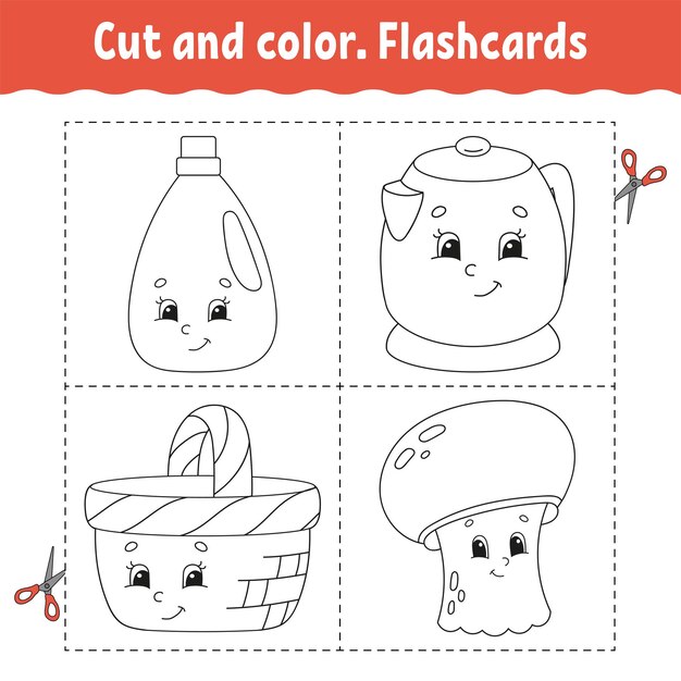 Cortar y colorear flashcard set libro para colorear para niños lindo personaje de dibujos animados silueta de contorno negro