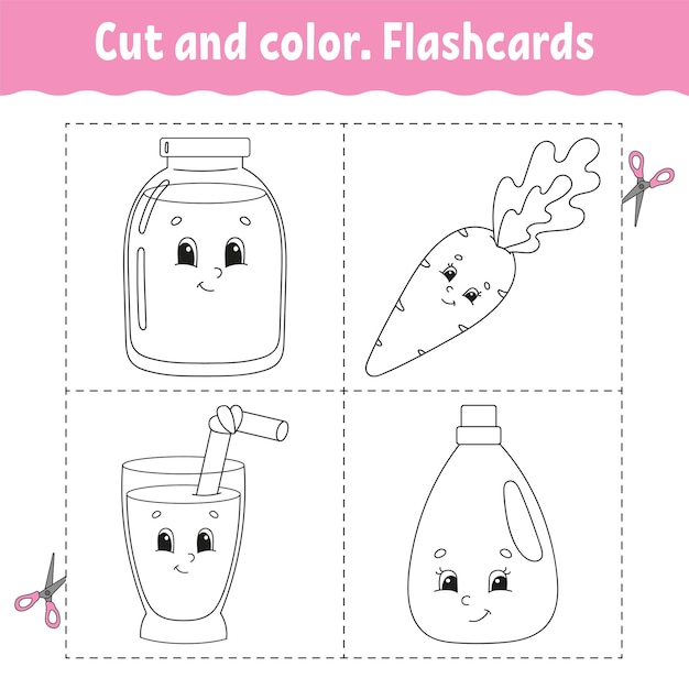 Cortar y colorear Flashcard Set Libro para colorear para niños Lindo personaje de dibujos animados Silueta de contorno negro