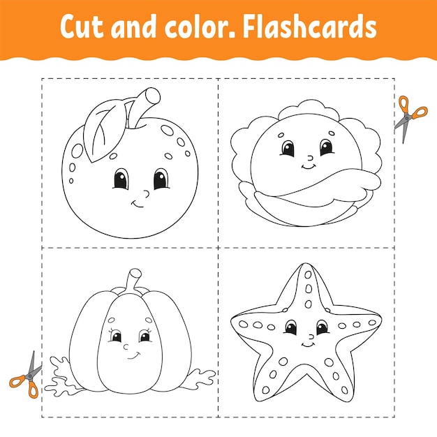 Cortar y colorear Flashcard Set Libro para colorear para niños Tema de alimentos