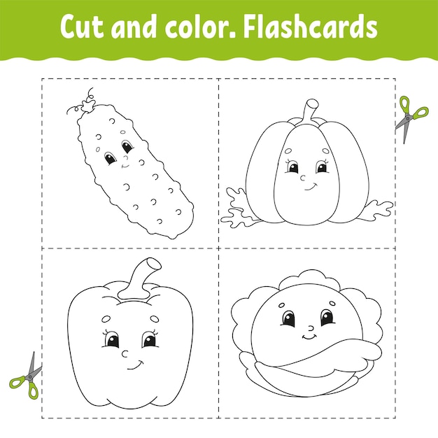 Cortar y colorear Flashcard Set Libro para colorear para niños Tema de comida Lindo personaje de dibujos animados