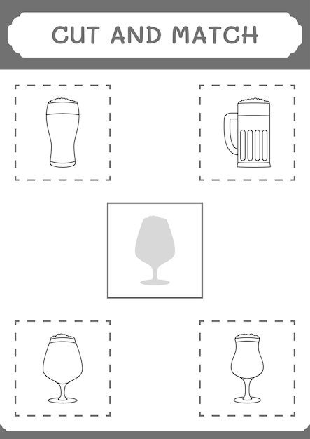 Cortar y combinar partes del juego Beer para niños Hoja de trabajo imprimible de ilustración vectorial