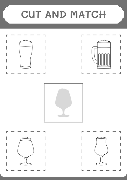 Cortar y combinar partes del juego beer para niños hoja de trabajo imprimible de ilustración vectorial