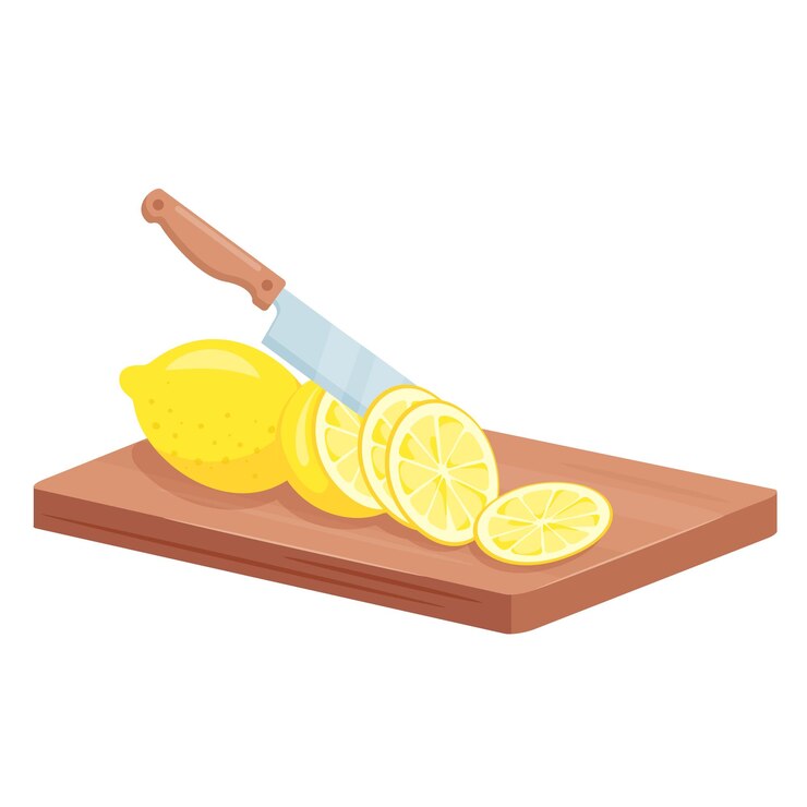 Vector cortar las frutas de limón isométricas rebanadas picadas de limón jugosas maduras se encuentran en el tablón de la cocina