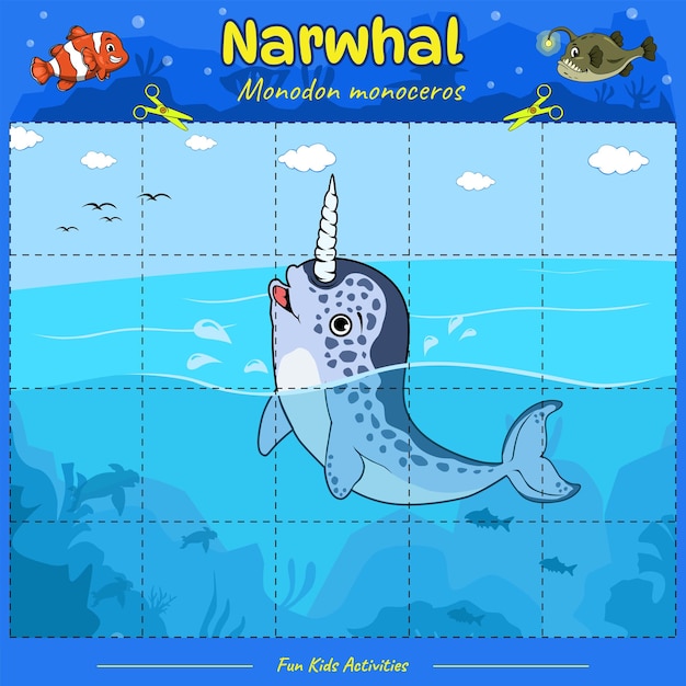 Cortar y jugar Narwhal en el océano