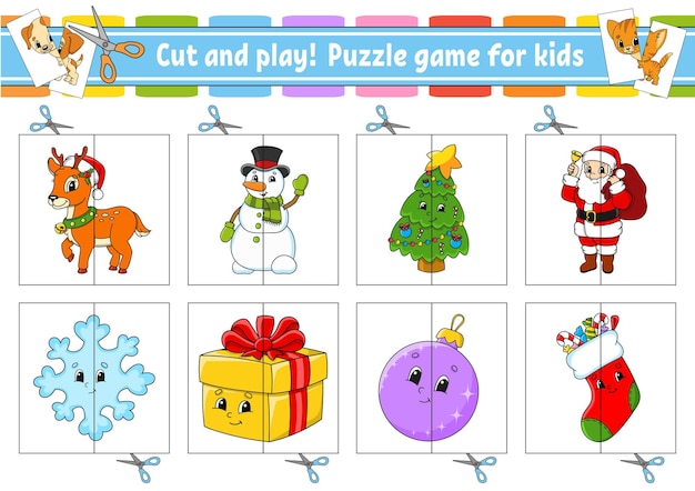 Cortar y jugar tarjetas flash rompecabezas de colores hoja de trabajo de desarrollo educativo página de actividades tema navideño