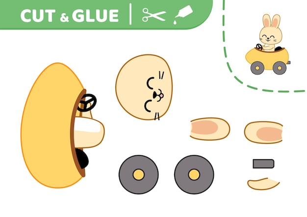 Cortar y pegar conejo conduciendo coche de huevo amarillo Aplicación Juego de papel vectorial