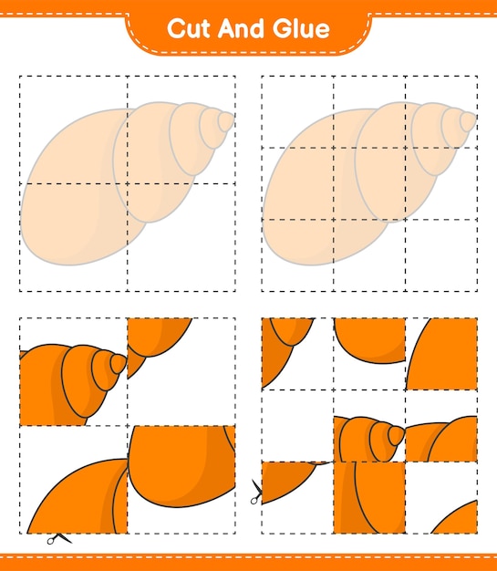 Cortar y pegar, cortar partes de conchas marinas y pegarlas. juego educativo para niños, hoja de trabajo imprimible, ilustración vectorial