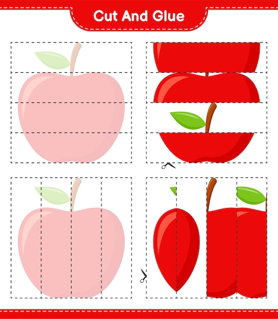 Cortar y pegar, cortar partes de manzana y pegarlas. Juego educativo para niños, hoja de trabajo imprimible