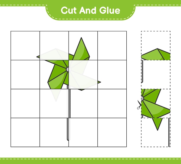 Cortar y pegar, cortar partes de molinetes y pegarlas. Juego educativo para niños, hoja de trabajo imprimible, ilustración vectorial