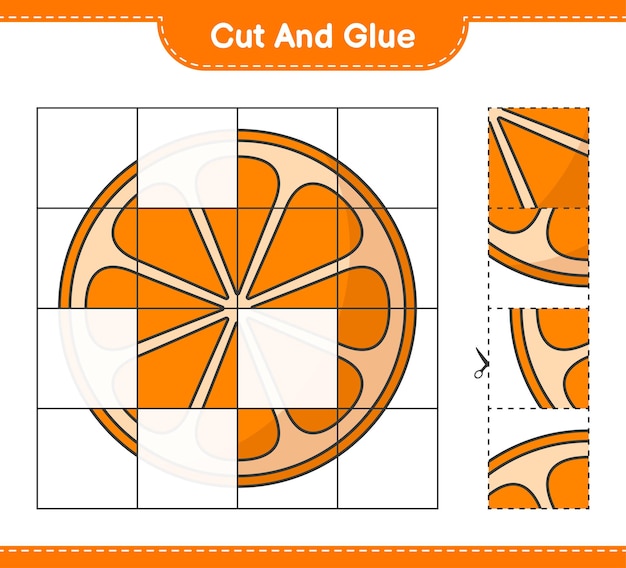 Cortar y pegar, cortar partes de orange y pegarlas. juego educativo para niños, hoja de trabajo imprimible, ilustración vectorial