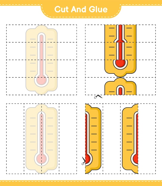 Cortar y pegar, cortar partes del termómetro y pegarlas. Juego educativo para niños, hoja de trabajo imprimible, ilustración vectorial