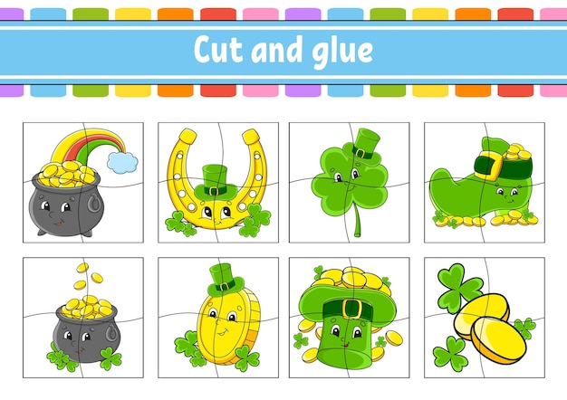 Cortar y pegar Establecer tarjetas flash Hoja de trabajo de educación Página de actividad Juego para niños personaje de dibujos animados
