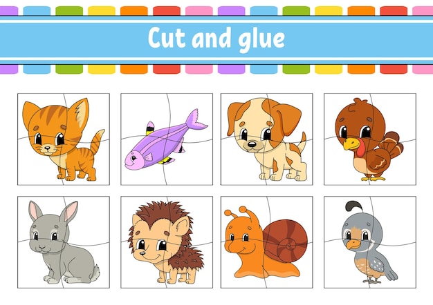 y pegar establecer tarjetas flash rompecabezas de colores hoja de de desarrollo educativo página de tema de animales Vector Premium