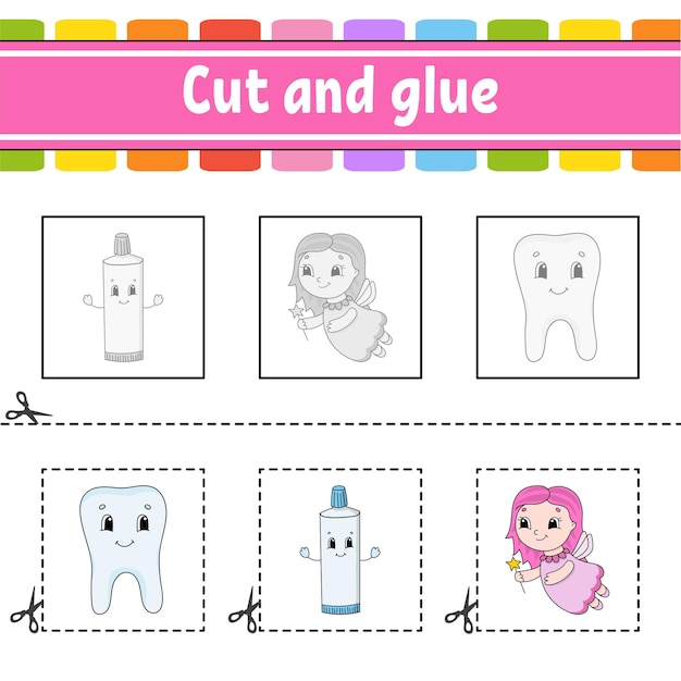Cortar y pegar Juego para niños Educación desarrollar hoja de trabajo Color actividad página personaje de dibujos animados