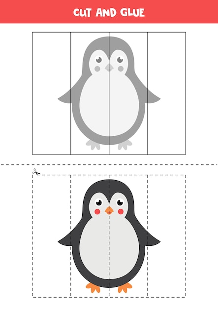 Cortar y pegar juego para niños. Rompecabezas lógico educativo para niños en edad preescolar. Práctica de corte para niños. Ilustración de lindo pingüino en estilo de dibujos animados.